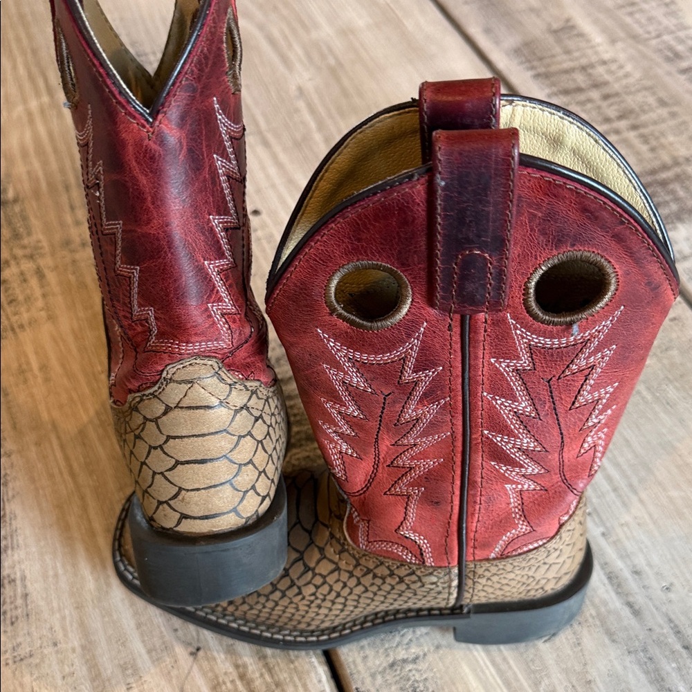 Kids Two-Tone Brown and Red Pull-On Western Boots - Picture 11 of 16